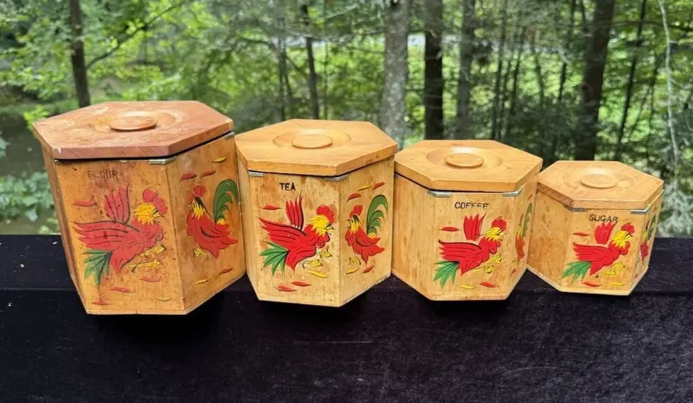4 MCM 1960’s Japan Betson's Wood Rooster Hexagon 6-Sided Nesting Canisters